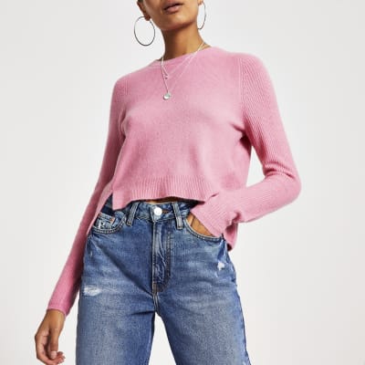 Pink long sleeve knitted jumper River Island