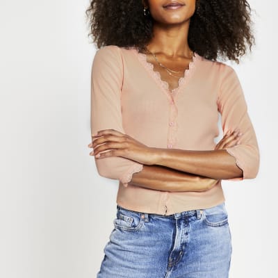 Pink long sleeve lace trim button cardigan | River Island