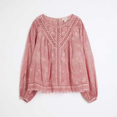 Pink Long Sleeve Lace Trim Embroidered Top | River Island