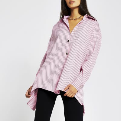 Pink long sleeve oversized stripe shirt | River Island