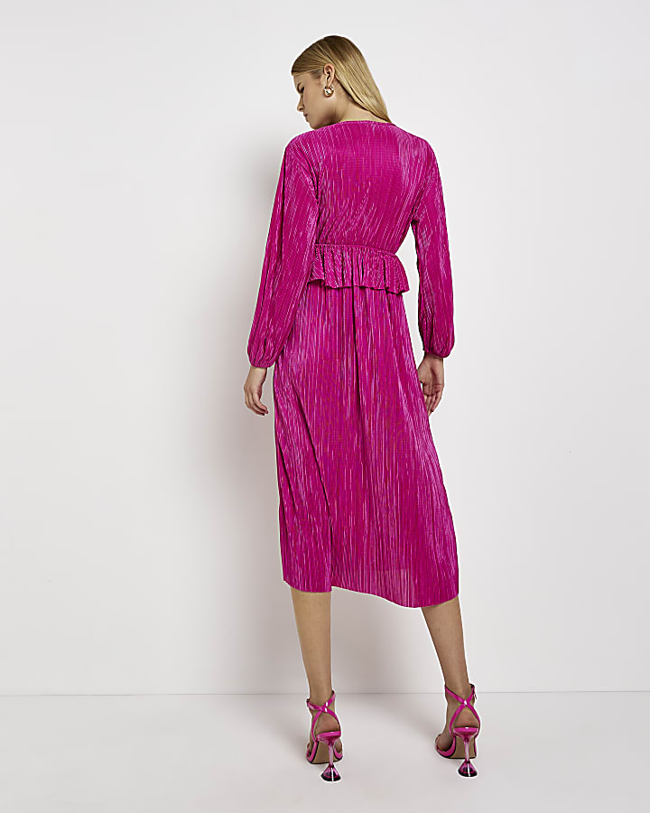 Pink long sleeve plisse frill midi dress