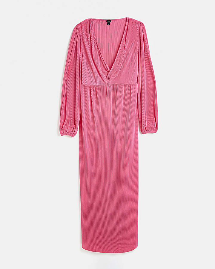 Pink long sleeve plisse maxi dress
