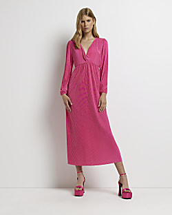 Pink long sleeve plisse maxi dress
