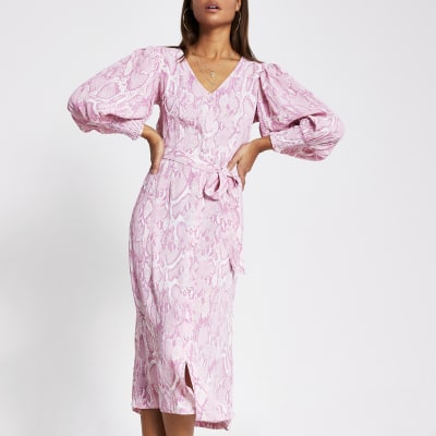 Pink long sleeve printed midi dress | River Island