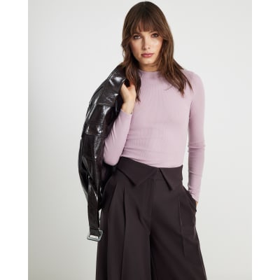 Pink Long Sleeve Ribbed Crew Neck Top