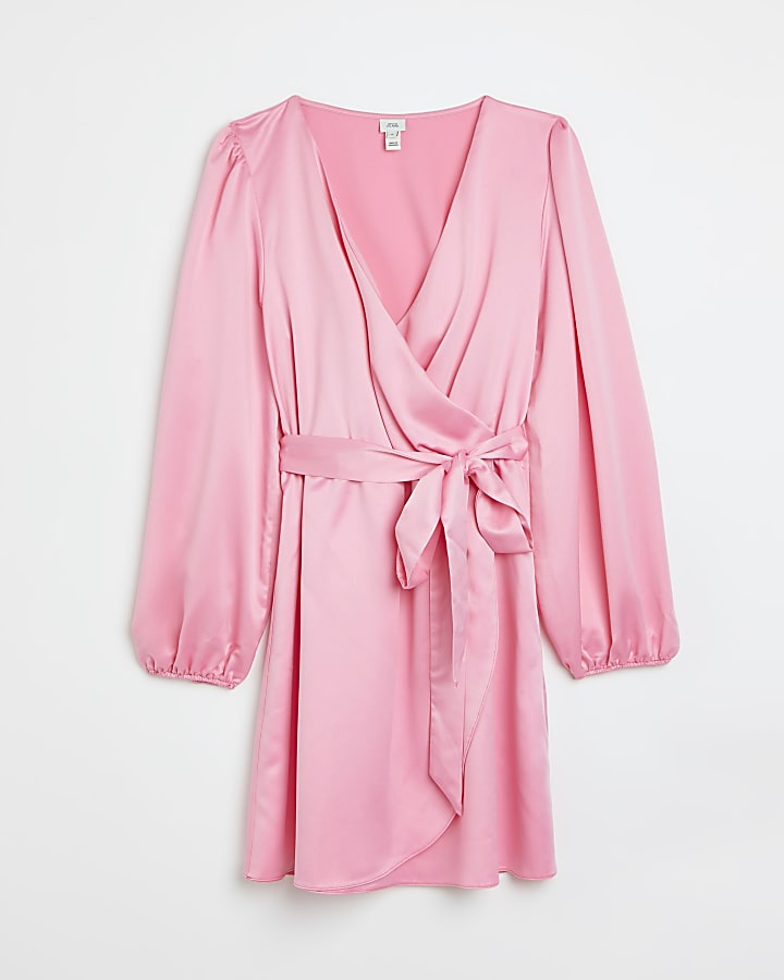 Pink long sleeve satin wrap mini dress