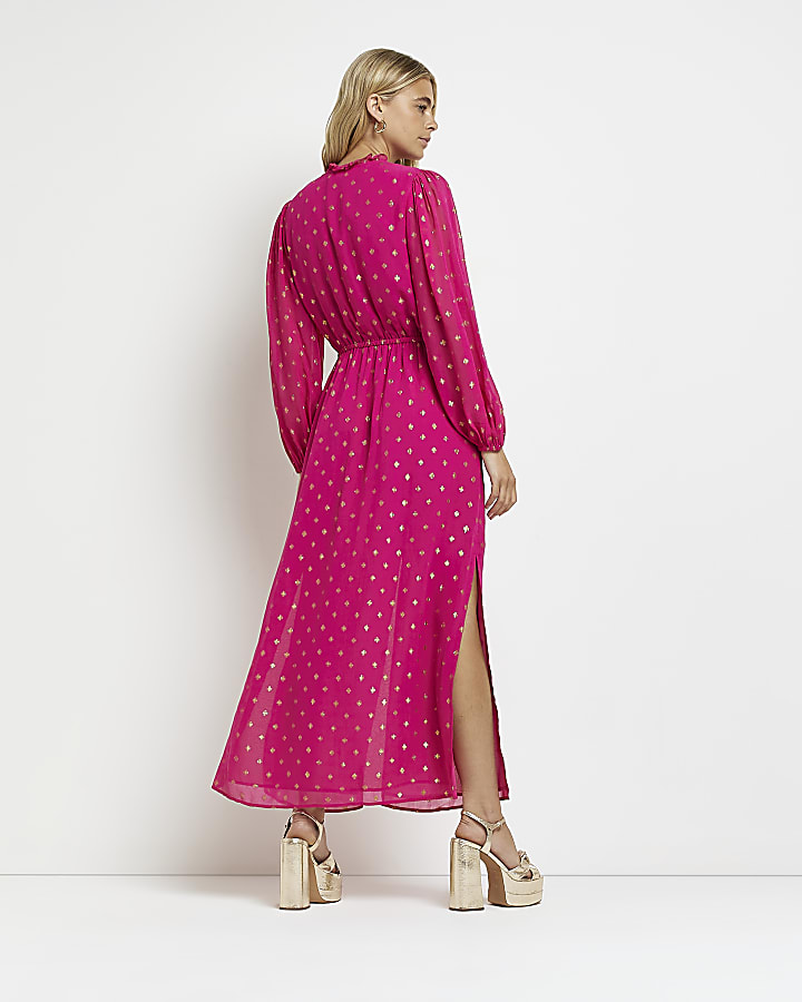 Pink long sleeve spot maxi shirt dress