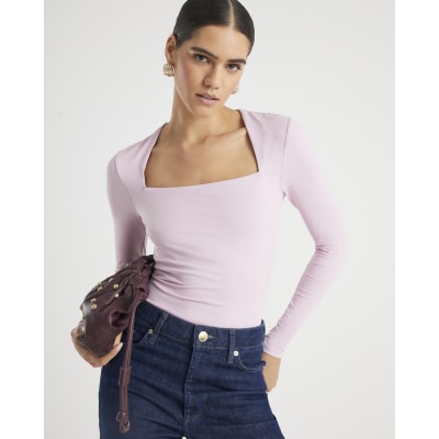 Pink Long Sleeve Square Neck Bodysuit