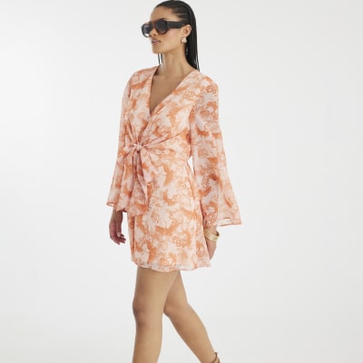 Pink Long Sleeve Tie Front Mini Dress
