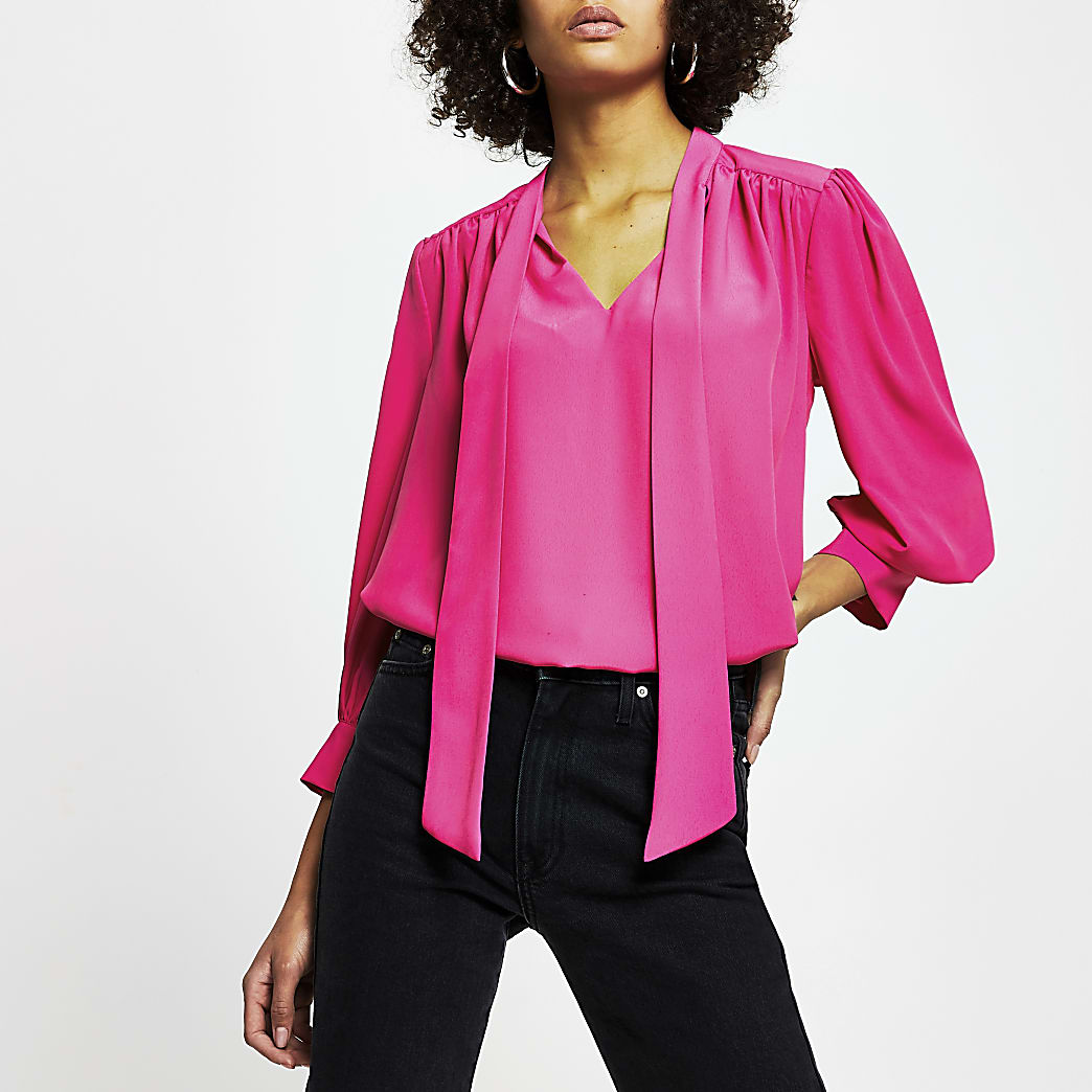 Pink long sleeve tie neck blouse top | River Island