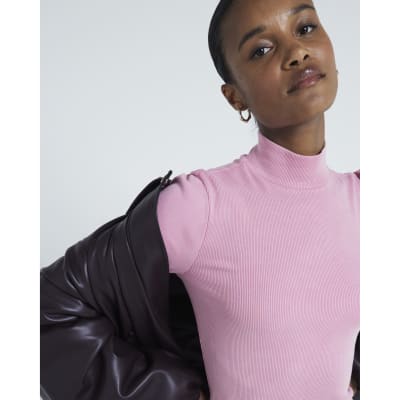 Pink Long sleeve turtle neck top River Island