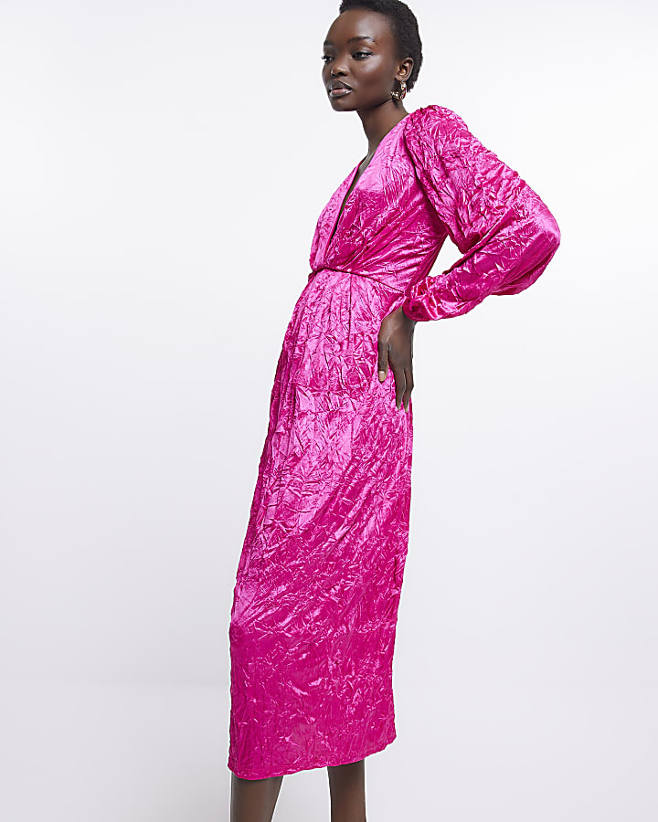 Pink long sleeve wrap midi dress