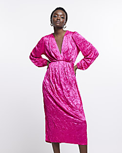 Pink long sleeve wrap midi dress