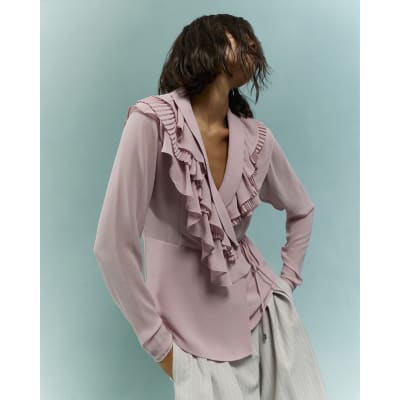 Pink Long Sleeve Wrap Ruffle Blouse