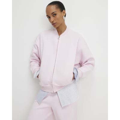 Pink Long Sleeve Zip Up Bomber Sweatshirt