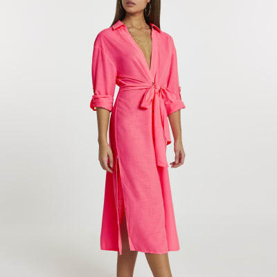 Pink longline tie front shirt dress 