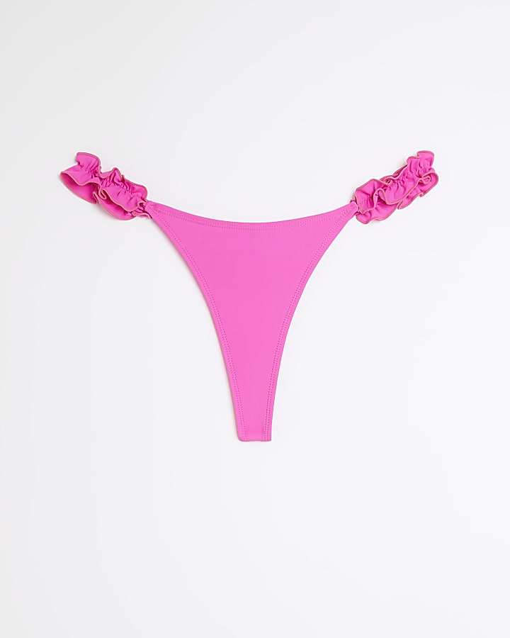 Pink low rise frill bikini bottoms