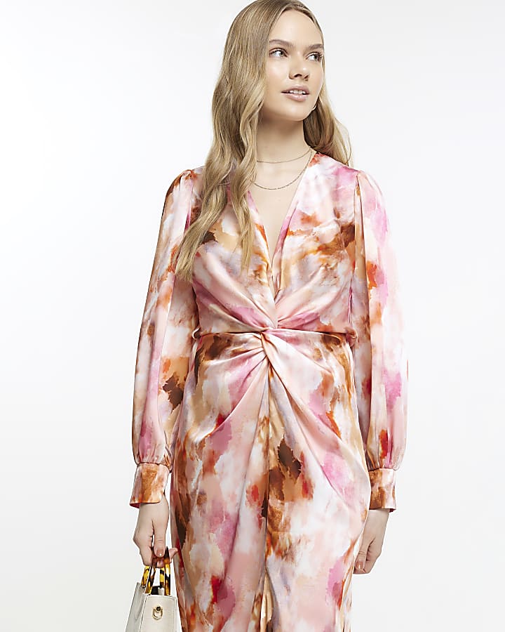 Pink marble print twist front midi dress