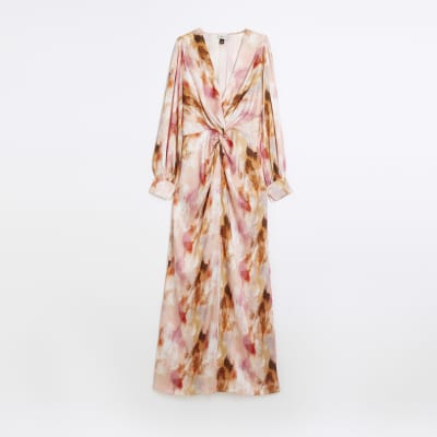 Pink marble print twist front midi dress