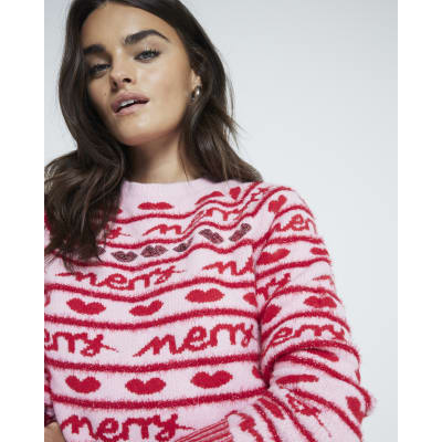 Christmas Jumper River Island Ladies Jumpers Pink Merry Christmas