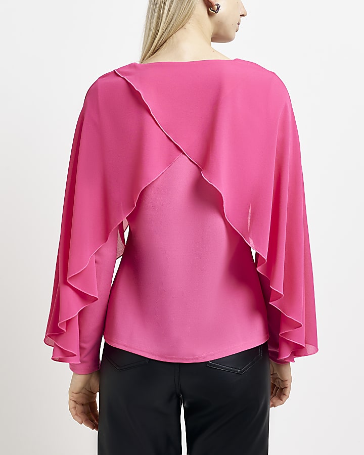 Pink mesh long sleeve cape blouse