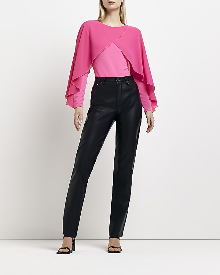 Pink mesh long sleeve cape blouse