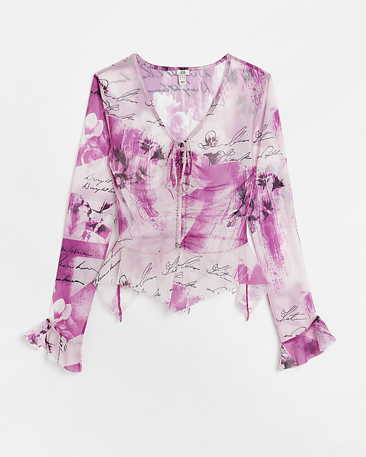 Pink mesh printed blouse