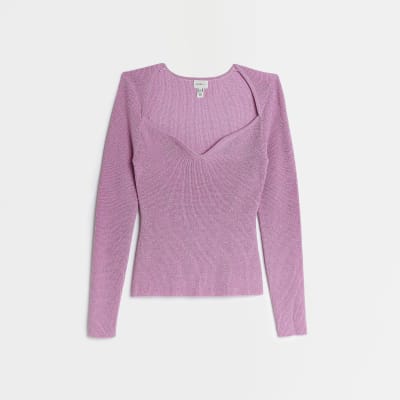 Pink metallic plunge long sleeve top