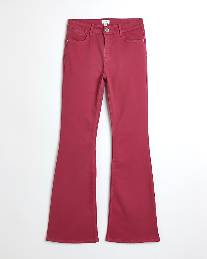 Pink mid rise flare jeans