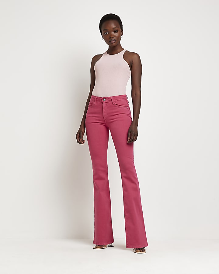 Pink mid rise flare jeans