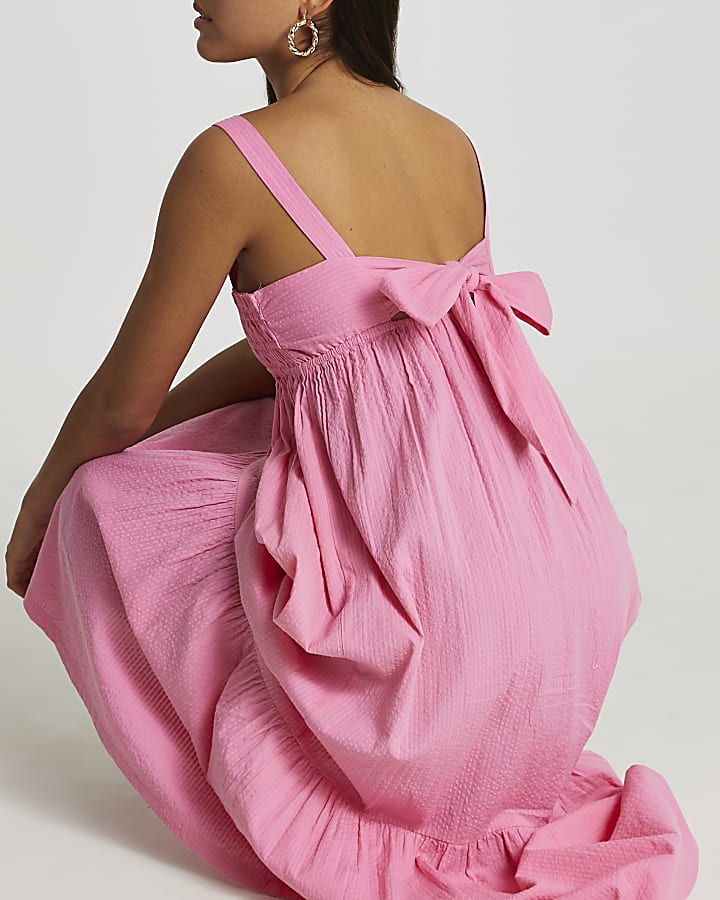 Pink midaxi shirred parachute beach dress
