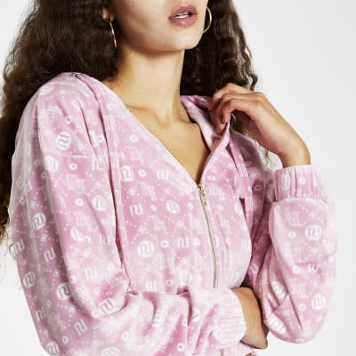 Pink Monogram Velour Zip Up Jumper River Island