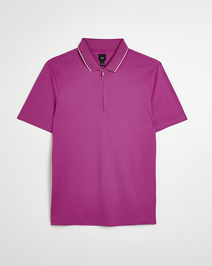 Pink Muscle fit Stripe half zip polo shirt