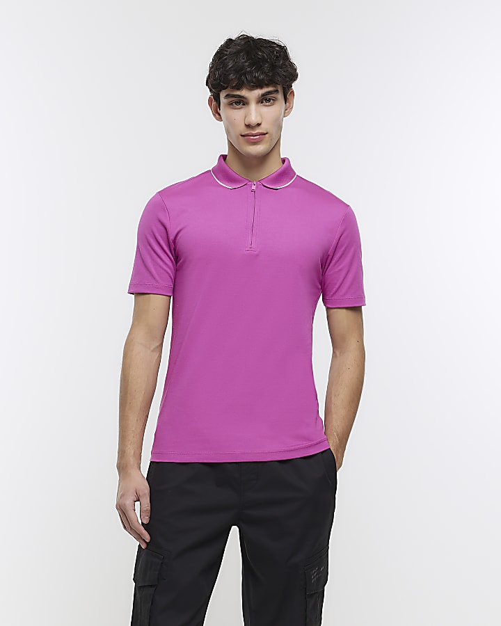 Pink Muscle fit Stripe half zip polo shirt