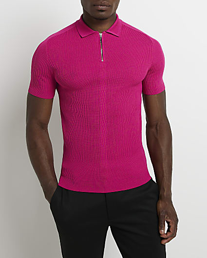 Pink muscle fit zip knitted polo shirt