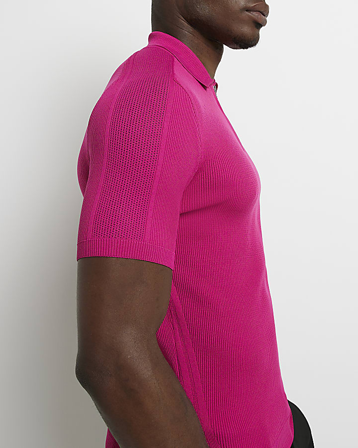 Pink muscle fit zip knitted polo shirt