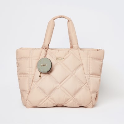 Pink nylon quilted puffer shopper bag River Island