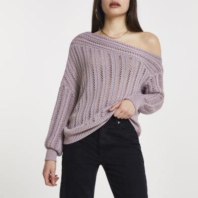 Pink off shoulder crochet top River Island