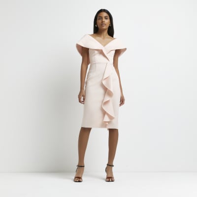 Ex River Island Pink High Neck Asymmetric Bodycon Dress Size 6-16 P175 
