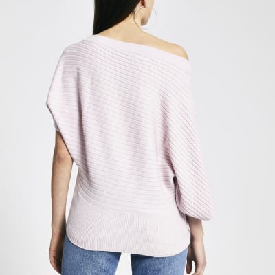 Pink off the shoulder rib knitted jumper