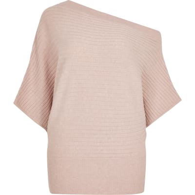Pink off the shoulder rib knitted jumper