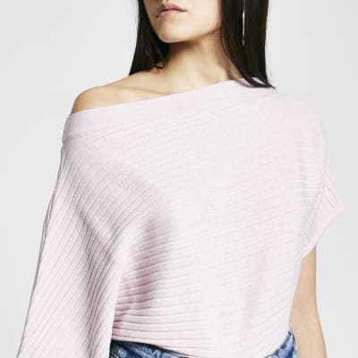 Pink off the shoulder rib knitted jumper