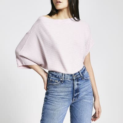 Pink off the shoulder rib knitted jumper