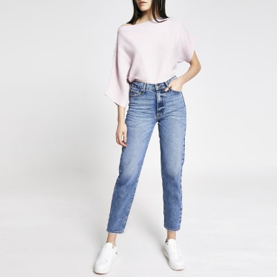 Pink off the shoulder rib knitted jumper