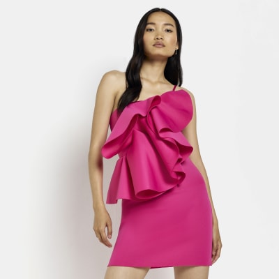 pink one shoulder frill dress