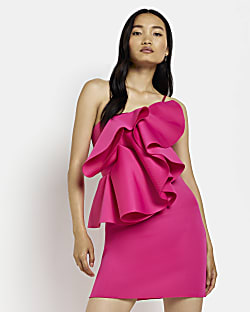 Pink one shoulder frill mini dress