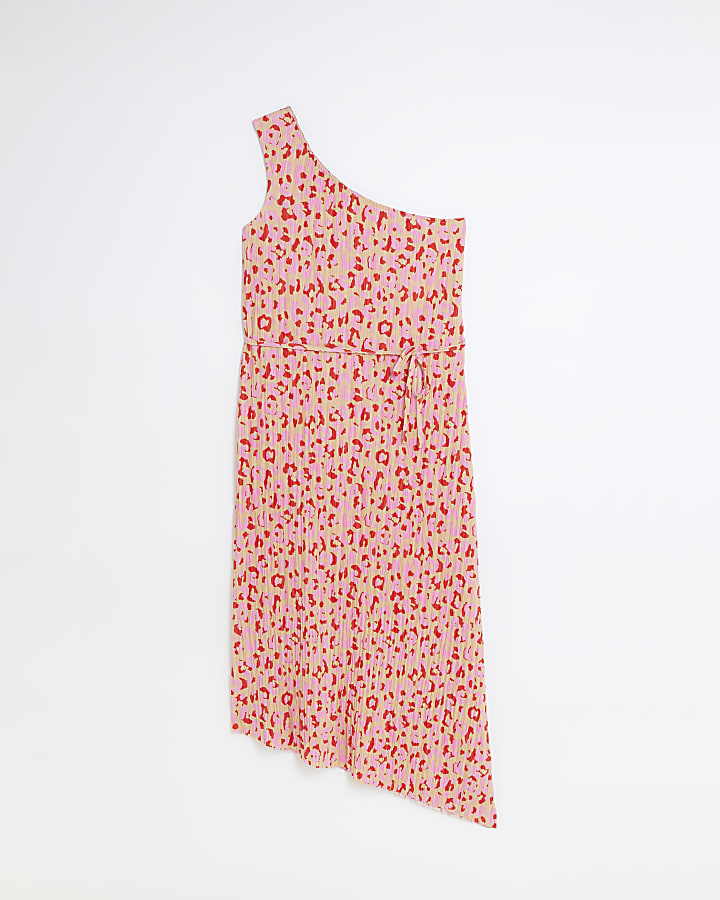 Pink one shoulder plisse maxi dress