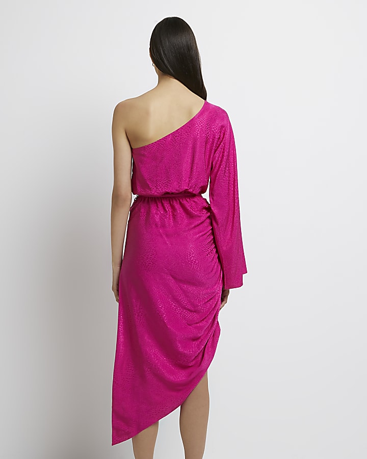 Pink one shoulder ruched midi dress
