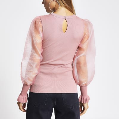 Pink organza long sleeve frill top