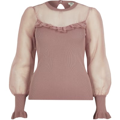 Pink organza long sleeve frill top